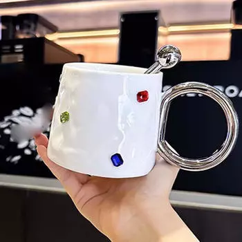 Керамическая кофейная кружка, чашка 300 мл, креативная с ручкой, чай для общежития, завтрак, подарок на день рождения серебряный