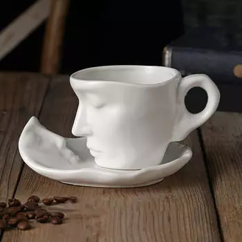 Керамическая кофейная кружка емкостью 260 мл с набором блюдец, чашка для воды сока Love Kissing, минималистичная белый