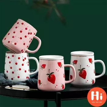 Керамическая кофейная кружка Hi с крышкой и ложкой, ручная роспись, клубничный завтрак, чайная чашка, офисная кружка для молока, 420 мл A
