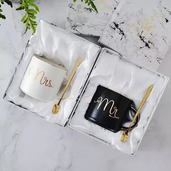 Керамическая кофейная кружка Mr and Mrs объемом 400 мл для пары, подарок на помолвку, годовщину, жениху и невесте, день святого Валентина и Рождество, набор из 2 шт. в черно-белом цвете