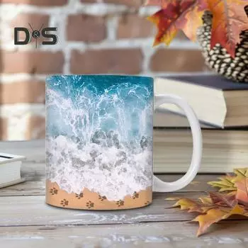 Керамическая кофейная кружка с отпечатком лапы и изображением береговой линии океана, кружка для чая с волнами ручной работы, кружка с отпечатком ноги, сувенир для любителя пляжа, подарок 1