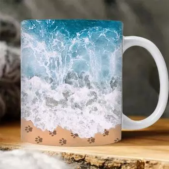 Керамическая кофейная кружка с отпечатком лапы, кружка с изображением береговой линии океана, кружка для чая ручной работы с изображением волн, ножка