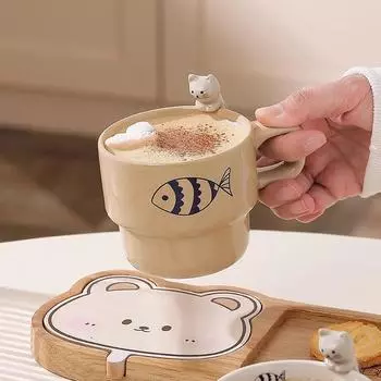 Керамическая кофейная кружкаТрехмерная подвесная кошка, женская красота, домашняя парная кружка для завтрака, милая чашка для воды, посуда для напитков 260ML