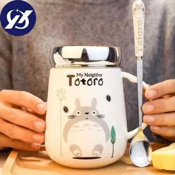Керамическая креативная большая емкость 450 мл, милая кофейная кружка с рисунком Тоторо Lover с крышкой и ложкой, офисная чашка для чая, воды, подарок на день рождения 1 белый