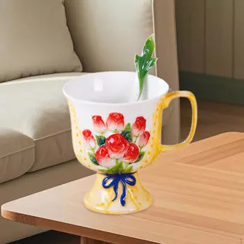 Керамическая кружка 250 мл с ручкой для напитков, в комплекте ложка, для кофе и чая жёлтый