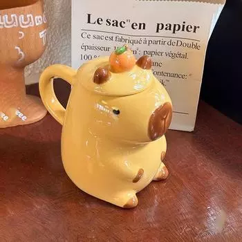 Керамическая кружка Capybara с крышкой — большая емкость для дома и завтрака 401-500ml