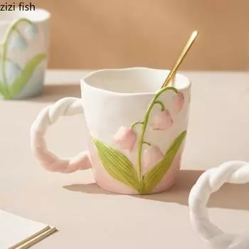 Керамическая кружка Creative Relief Lily of The Valley, красивая кружка для кофе латте, чашка для молока, чашка для завтрака, бытовая чашка для воды, чайные чашки 380ML