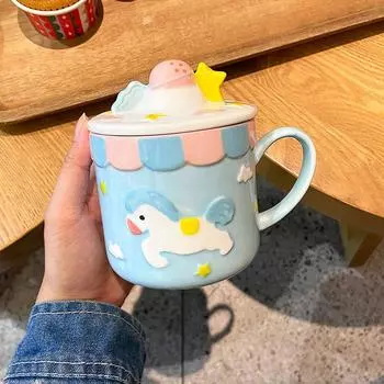 Керамическая кружка для кофе, 400 мл, чашка для клубничной воды с крышкой и ложкой, чашка для клубничного чая, бутылка для воды, фарфоровые кружки, кофейные чашки Blue Heart