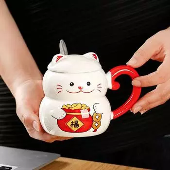 Керамическая кружка для кофе Lucky Cat с крышкой для кота, креативная, милая, мультяшная, милый, подарочная бутылка для завтрака, офисная посуда для питья, посуда для напитков 401-500ml
