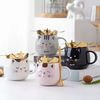 Керамическая кружка для офиса и дома с изображением кота, керамическая кружка с короной, милый кот с крышкой и ложкой, пара стаканов для воды, посуда для питья 500ml