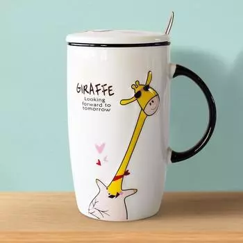 Керамическая кружка для воды большой емкости 22 унции, бытовая персонализированная кружка для кофе с жирафом, с крышкой, ложкой, офисная чашка для чая, подарок для пары 610ml чёрный