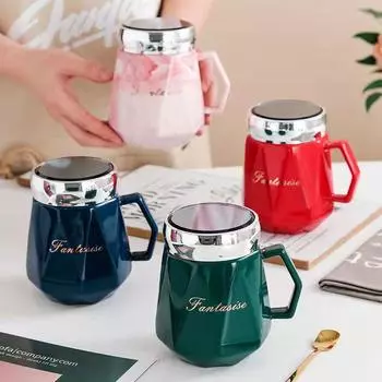 Керамическая кружка для воды с рисунком лаванды и крышкой, герметичная зеркальная кружка, модная кружка для молока, сока, посуда для домашнего офиса, 500 мл