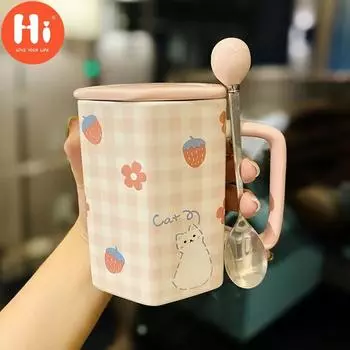 Керамическая кружка Hi Ins Style для девочек в форме сердца с крышкой, ложка, милая соломенная чашка для воды, кофейная чашка, чашка для завтрака, молока, овсянки