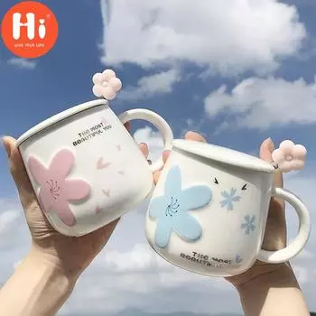 Керамическая кружка Hi Net Celebrity Ins Cherry Blossom с крышкой и ложкой, студентка, дорогая корейская версия милой чашки для питья для дома