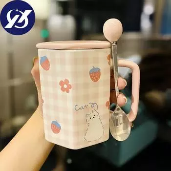 Керамическая кружка Ins Style для девочек в форме сердца с крышкой, ложка, милая соломенная чашка для воды, кофейная чашка, чашка для завтрака, молока, овсянки