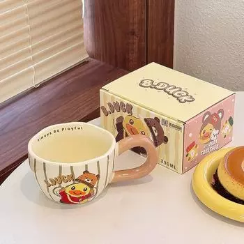 Керамическая кружка «Маленький жёлтый утёнок» с крышкой, офисная кофейная чашка, домашняя мультяшная милая, высокоценная, для завтрака, для молока 330ML