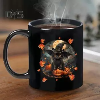 Керамическая кружка на Хэллоуин для любителей кошек, 11 унций, черная чашка для кофе и чая с кошкой, керамическая чашка для готического домашнего декора в подарок C