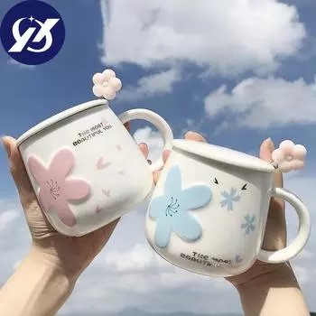 Керамическая кружка Net Celebrity Ins Cherry Blossom с крышкой и ложкой, студентка, корейская версия милой чашки для питья, домашняя цена