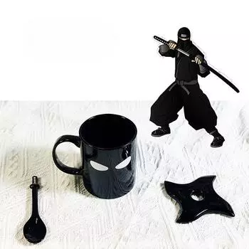 Керамическая кружка Ninja, креативная, забавная, кофейная чашка с крышкой, набор ложек, фарфоровая кухонная утварь, кружка для питья, кавайная чашка для воды 301-400ml