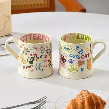 Керамическая кружка с граффити в виде мультфильма, чашка с ручкой, чашки для завтрака, кофейная чашка, кружки большой емкости, ретро-украшение для дома и кухни, подарки 370ml