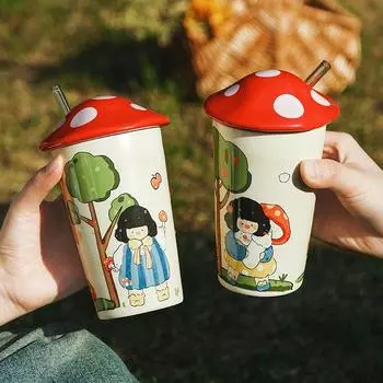 Керамическая кружка с грибами, милая чашка с иллюстрацией, женская домашняя чашка для питья с крышкой, красивая чашка для завтрака, посуда для питья 450ml