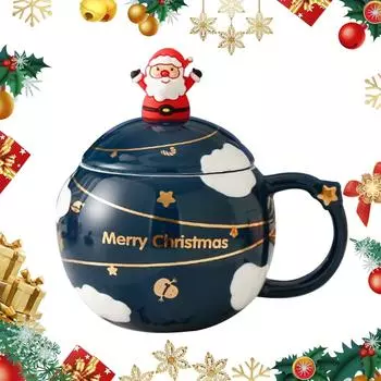 Керамическая кружка с крышкой Кофе Молоко Чай Завтрак Мультфильм Рождество День рождения Подарок Друг Семья Креатив Домашний Офис Питьевой 400ML синий