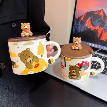 Керамическая кружка с медведем, деревянная пылезащитная крышка, мультипликационные кружки, пара, очень милая чашка для завтрака, молока, кофе, посуда для напитков 300ML