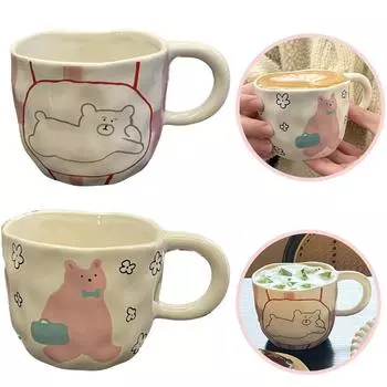 Керамическая кружка с милым медведем, сжатая вручную, нестандартная фарфоровая чашка для кофе, завтрака, молока, овсянки, воды, посуда для офиса, подарок для пары 201-300ml