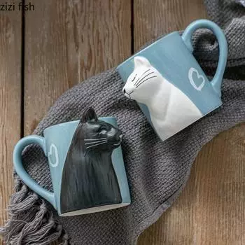 Керамическая кружка с рисунком кота из мультфильма, матовая креативная кофейная кружка, молочная кружка, чашка для напитков, чашка для завтрака, бытовая чашка для воды, пара чашек 301-400ml