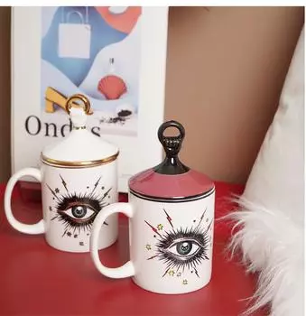 Керамическая кружка с рисунком «Таинственные глаза» Tazas De Ceramica Creativas Кружка для молока с двухсторонним узором и крышкой белый