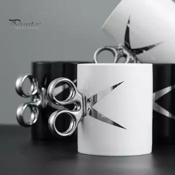 Керамическая кружка с ручкой в виде ножниц 350 мл, новинка, парикмахерская, чайная кружка для кофе, подарочная кружка с разноцветной глазурью белый