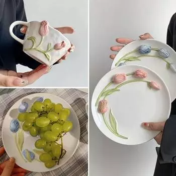 Керамическая кружка тюльпан с объемным рельефным дизайном Sense Cup Juice Coffee Mug с ручкой Vintage Home Milk Drinking Mug 230ML