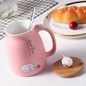Керамическая кружка в японском стиле с рисунком мультяшного кота, деревянной крышкой и ложкой, термостойкая, подарочная посуда для напитков, для молока и овсянки 401-500ml красный