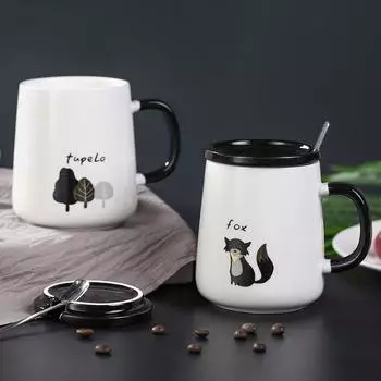 Керамическая кружка в стиле ретро в скандинавском стиле объемом 450 мл с крышкой и ложкой, офисная легкая роскошная кофейная чашка, бытовая чашка для воды