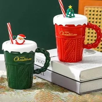 Керамическая кружка Yousheng Christmas Tree 400 мл, керамическая соломенная кофейная кружка, парная кофейная кружка, праздничное украшение стола, подарочная кружка для любителей кофе 400ML красный