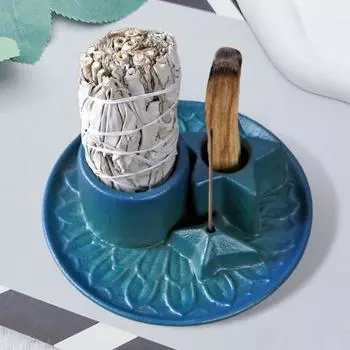 Керамическая курильница для палочек Пало Санто, держатель для палочек благовоний с поддоном для сбора золы, многофункциональный подсвечник для комнаты для медитации и йоги синий