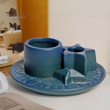 Керамическая курильница для палочек Пало Санто, держатель для палочек благовоний с поддоном для сбора золы, многофункциональный подсвечник для комнаты для медитации и йоги синий