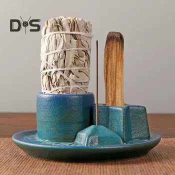 Керамическая курильница для палочек Пало Санто, держатель для палочек благовоний с поддоном для сбора золы, многофункциональный подсвечник для комнаты для медитации и йоги синий