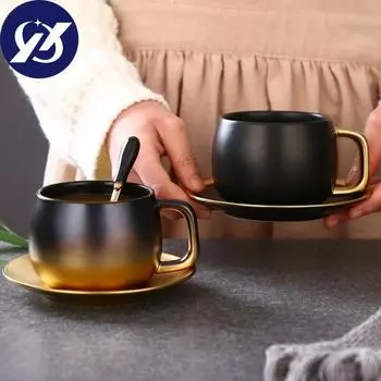 Керамическая легкая роскошная простая матовая чашка для шампанского из черного золота с набором ложек и блюдца, уникальная чайная чашка для пары, кружка для молока чёрный