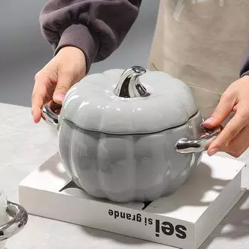 Керамическая миска для десерта в форме тыквы, многофункциональная бинауральная суповая кастрюля с крышкой, блюдо для фруктов, кухонные украшения на Хэллоуин, посуда, миска оранжевый