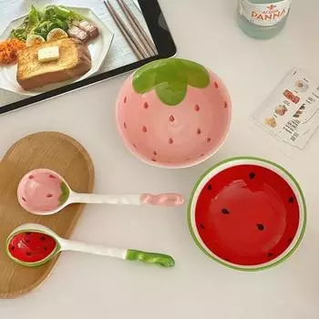 Керамическая миска для хлопьев, арбуз, клубника, ложка для рамэна, ложка для мороженого, кухня strawberry spoon