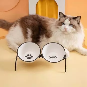 Керамическая миска для кошек двойная миска одинарная миска высокая миска для кошачьего корма миска для питья миска для домашних животных с регулируемым углом наклона железная рама