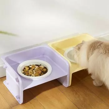 Керамическая миска для кошек, квадратная, приподнятая, регулируемая по высоте, миска с защитой шеи, миска для еды, устойчивая к опрокидыванию, миска для риса для кошек и собак 24.3*21.5*13.5cm