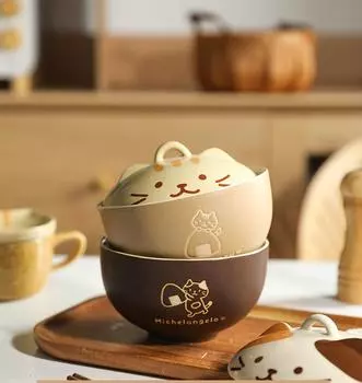 Керамическая миска для кошек с большой крышкой, индивидуальная домашняя суповая миска, студенческая миска для лапши с крышкой, милые японские столовые приборы 550 мл хаки
