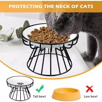 Керамическая миска для кошек с металлической подставкой, кормушка для домашних животных с защитой шеи, миска для котят и щенков, принадлежности для собак
