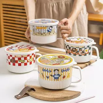 Керамическая миска для лапши быстрого приготовления объемом 1200 мл с крышкой, кружка для супа, риса, каши, пригодная для мытья в микроволновой печи зелёный