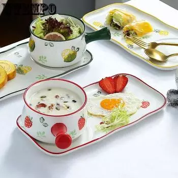 Керамическая миска для завтрака с японской ручкой. Домашняя креативная салатница с клубникой. Набор посуды и посуды для одного человека.