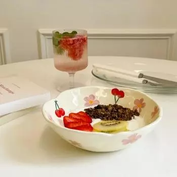 Керамическая миска кремово-желтая ручка, выполненная вручную, неровная, свежая, симпатичная, керамическая салатница, миска для йогурта, миска для завтрака, расписанная вручную, цветок фиолетовый