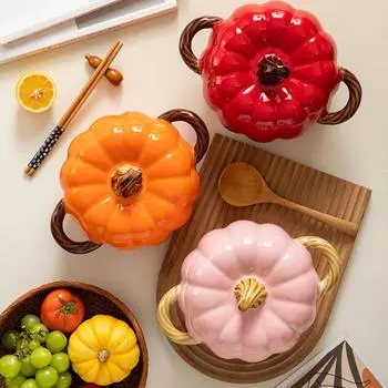 Керамическая миска с крышкой в виде тыквы, креативная миска для завтрака в микроволновке, суповая миска для детей, кухонная миска для лапши рамен, фруктовая миска, многоразовая посуда розовый