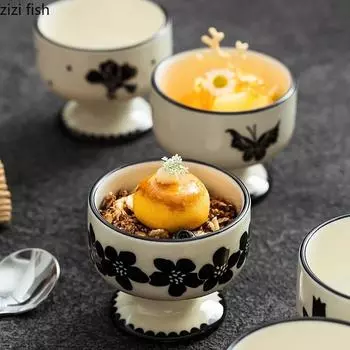 Керамическая миска с высоким основанием и рисунком от руки Десертная миска Миска для мороженого Овсяные миски Миски для закусок Посуда для молекулярной кулинарии